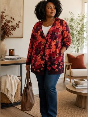 Isaac Mizrahi Live Floral Cardigan Sweater XL Boho Fall Layering